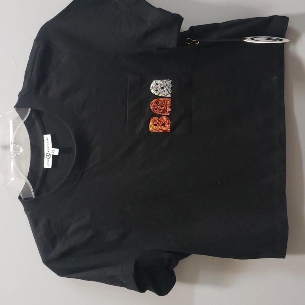 Love Peace & Lazy Days Black Cropped Tshirt with Halloween Detail